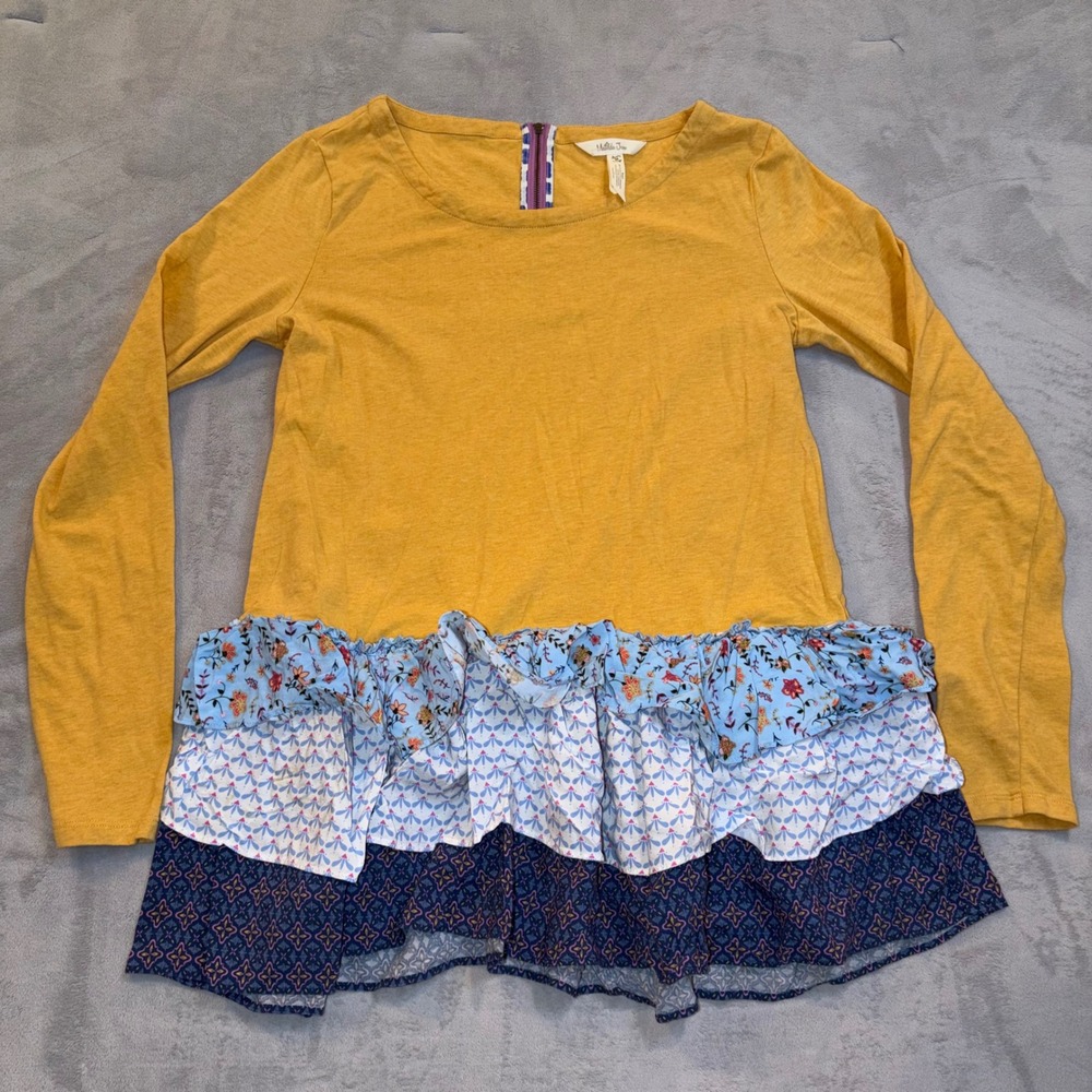 Matilda Jane Mustard Yellow Floral Ruffle Tunic Top Long Sleeve Mixed Media M